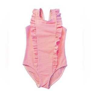 Lizens Girls Pink Ruffled One Piece Swimsuit with Stripes Size 6-7